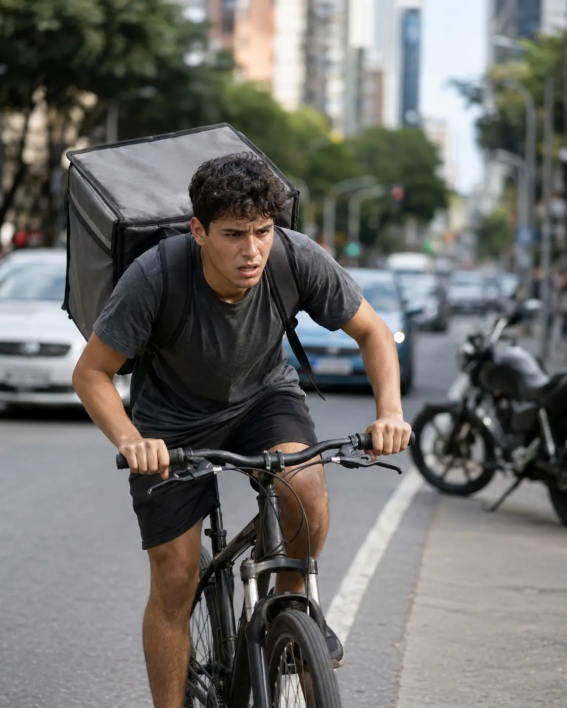 Repartidor trabajando en bicicleta con mochila térmica, buscando su primera moto