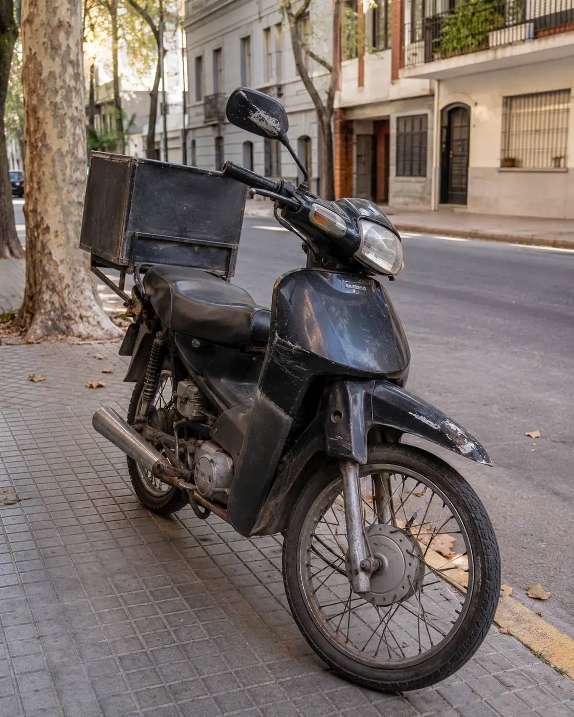 Moto vieja de repartidor estacionada en la vereda, lista para renovar